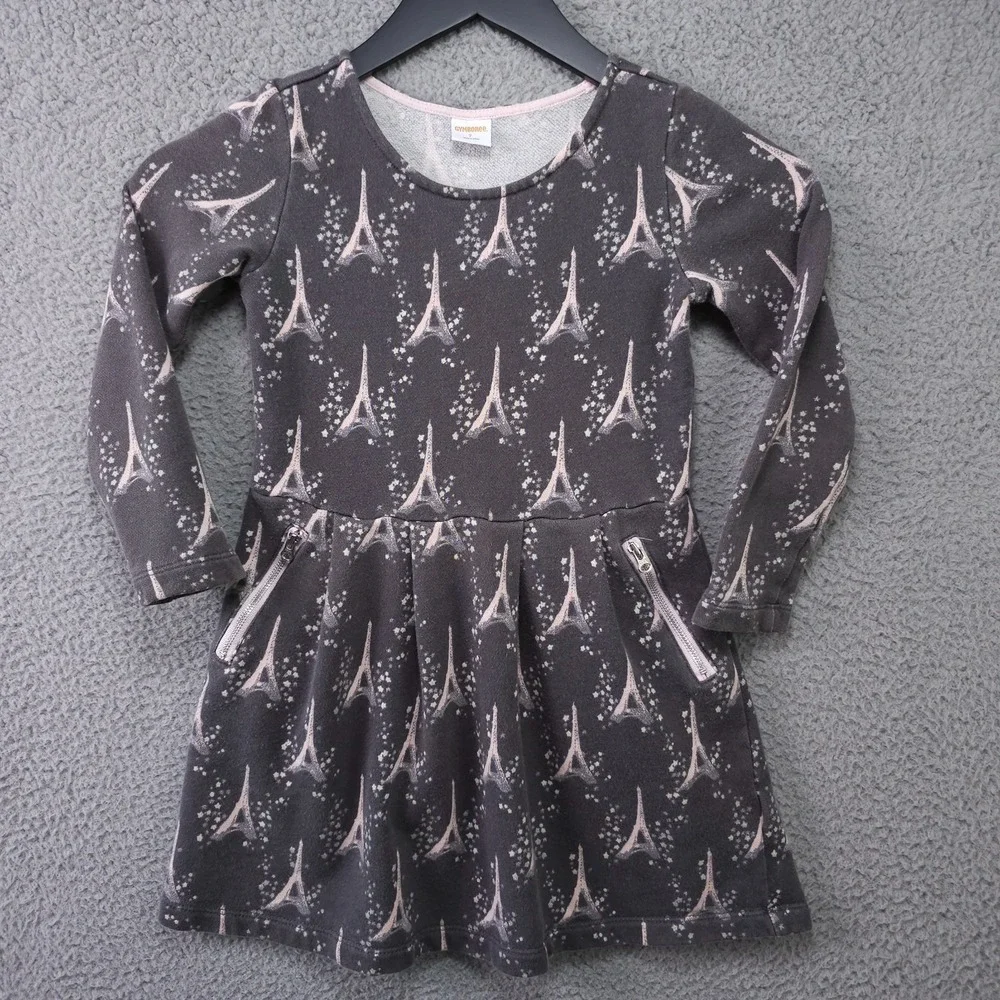 Gymboree Starry Night Dress Girls 7 Gray Pink Eiffel Tower Long Sleeve Terry